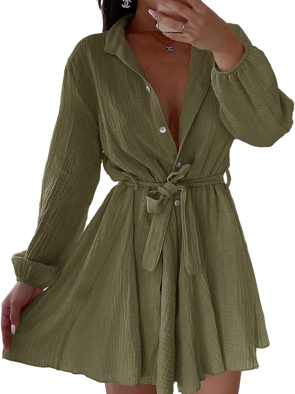 Amazon Olive Green Button-Front Tie-Waist Dress